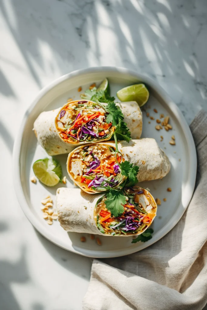 Thai Chicken Wrap with Crunchy Asian Slaw 4 Platter of Thai Chicken Wraps with Crunchy Asian Slaw, sliced and garnished, ready to serve on a marble background.