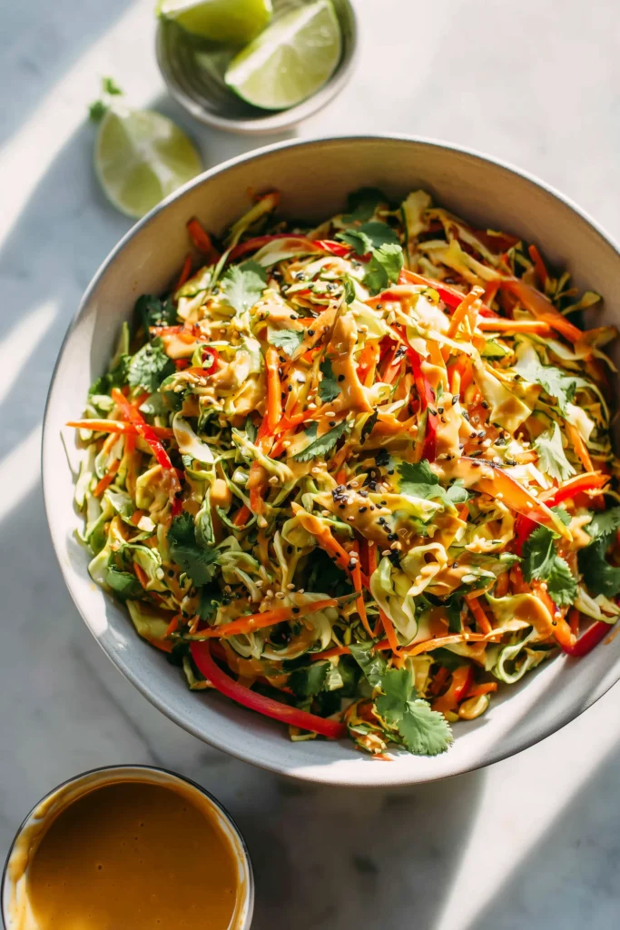Thai Chicken Wrap with Crunchy Asian Slaw 3 Overhead of a big bowl filled with colorful Asian slaw in peanut sauce, for Thai Chicken Wrap with Crunchy Asian Slaw, on a marble surface.