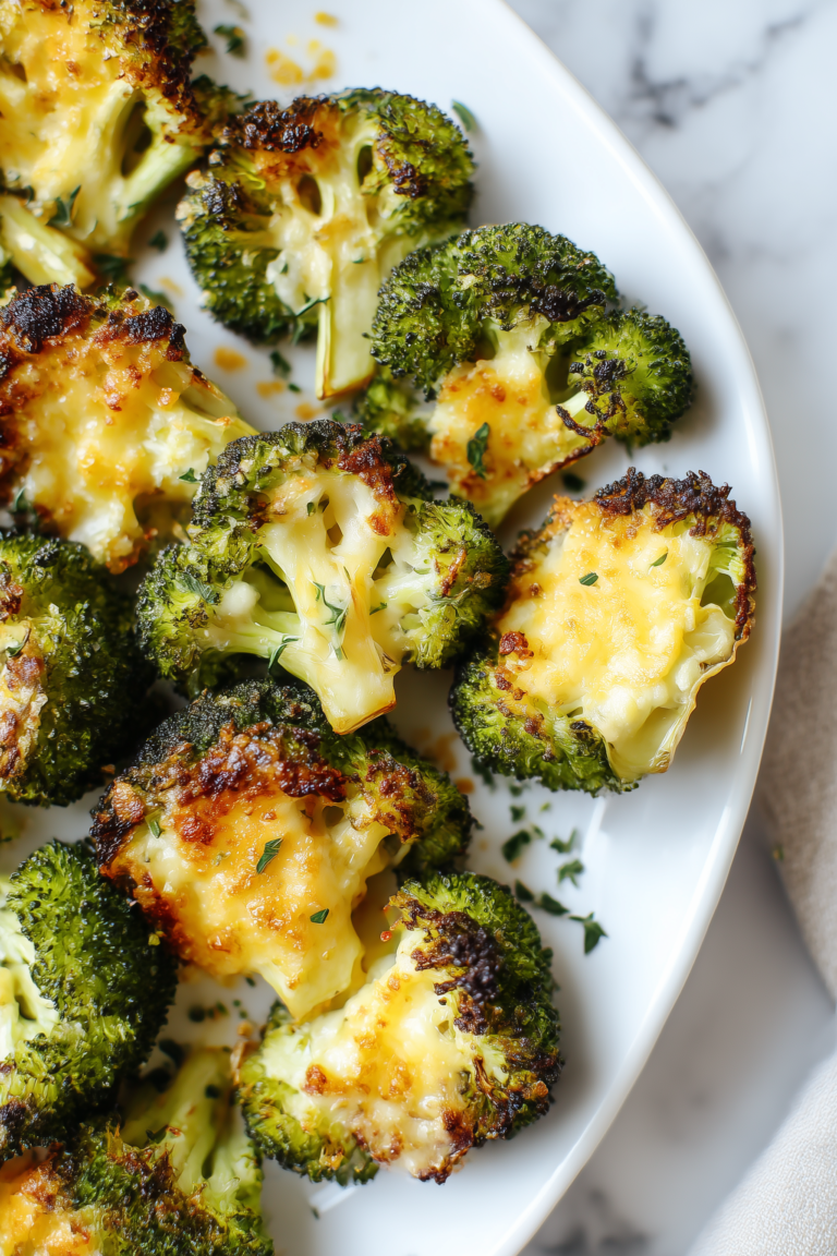Crispy Parmesan Thanksgiving Broccoli Side Dish on a white platter, showing golden edges and creamy cheese.