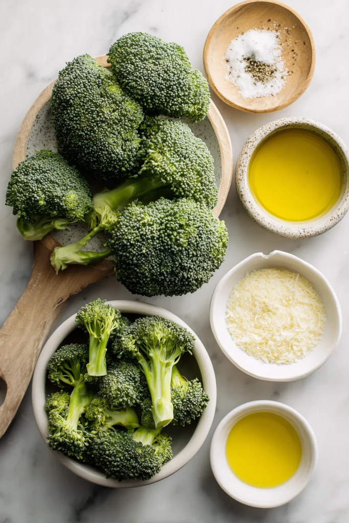 Cozy Thanksgiving Broccoli Side Dish (Crispy, Creamy & Crowd-Pleasing) 2 Thanksgiving Broccoli Side Dish ingredients, including broccoli, oil, Parmesan, and seasonings, arranged on a light wooden surface.