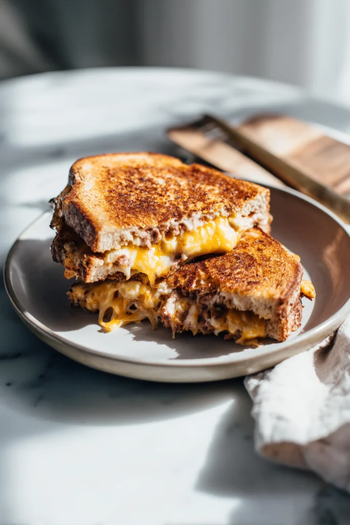 Turkey Dijon Melt Sandwiches toasting in a skillet with cheese melting and bread turning golden.