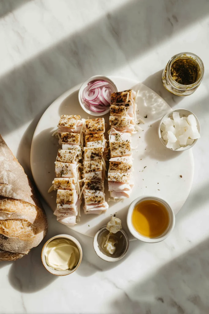 Ingredients for Turkey Dijon Melt Sandwiches organized on a marble surface.