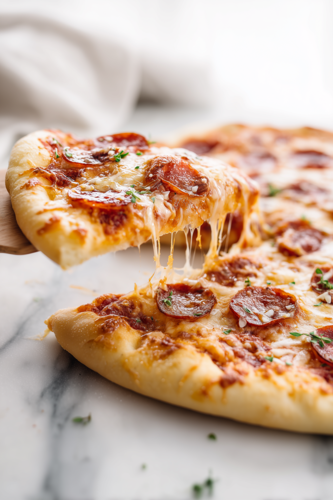 A slice of Viral Cottage Cheese Flatbread Pizza with a chewy, golden crust and bubbling cheese on a white marble background.