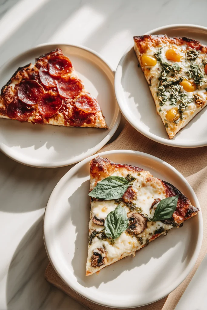 Viral Cottage Cheese Flatbread Pizza 4 Three plated slices of Viral Cottage Cheese Flatbread Pizza with different toppings: pepperoni, vegetables, and margherita with basil.