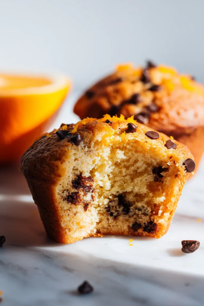 A muffin with a soft crumb and melting chocolate chips, showcasing Zesty Orange Chocolate Chip Muffins.