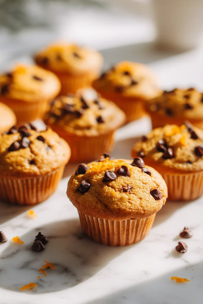 A plate of Zesty Orange Chocolate Chip Muffins with chocolate chips and orange zest on white marble.