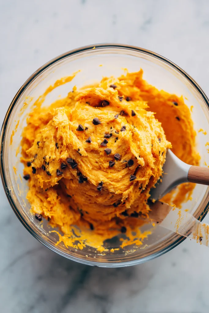 Muffin batter for Zesty Orange Chocolate Chip Muffins with orange zest and chocolate chips in a mixing bowl.