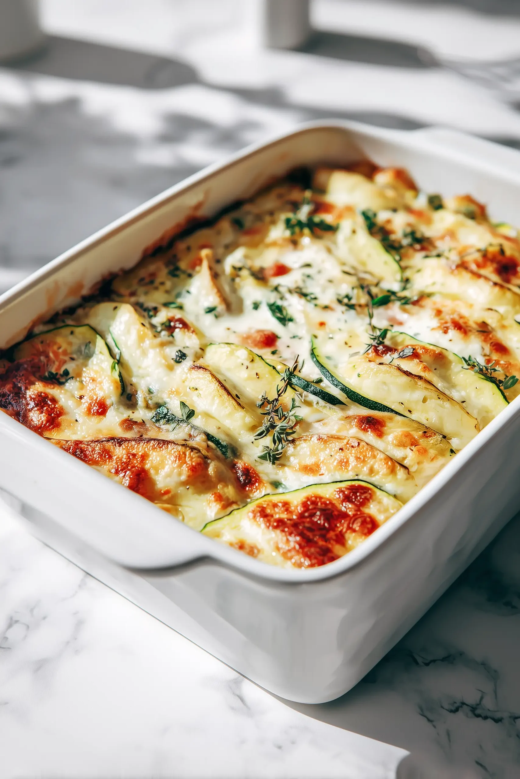 Overhead view of Zucchini Cottage Cheese Bake in a white dish, showing golden melted cheese, zucchini slices, and fresh herbs.