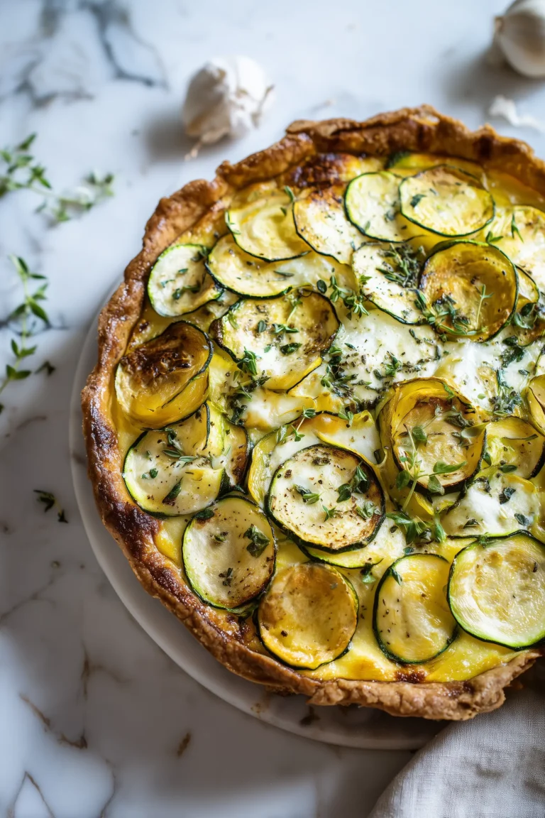 A golden-edged Zucchini Scarpaccia tart with vibrant zucchini slices and fresh herbs on a marble background.