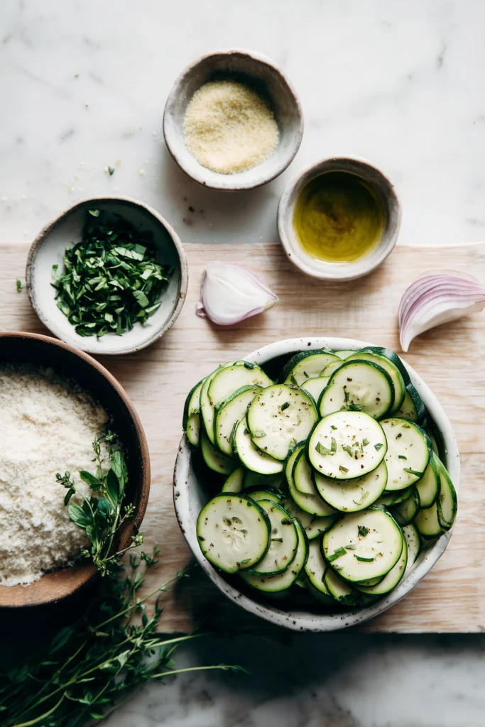 Zucchini Scarpaccia (Italian Zucchini Tart) 2 Ingredients for Zucchini Scarpaccia including sliced zucchini, onions, flour, and herbs on a bright background.