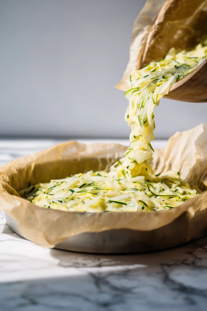 Zucchini Scarpaccia (Italian Zucchini Tart) 3 Zucchini Scarpaccia mixture with visible zucchini and onions spread in a baking pan before baking.
