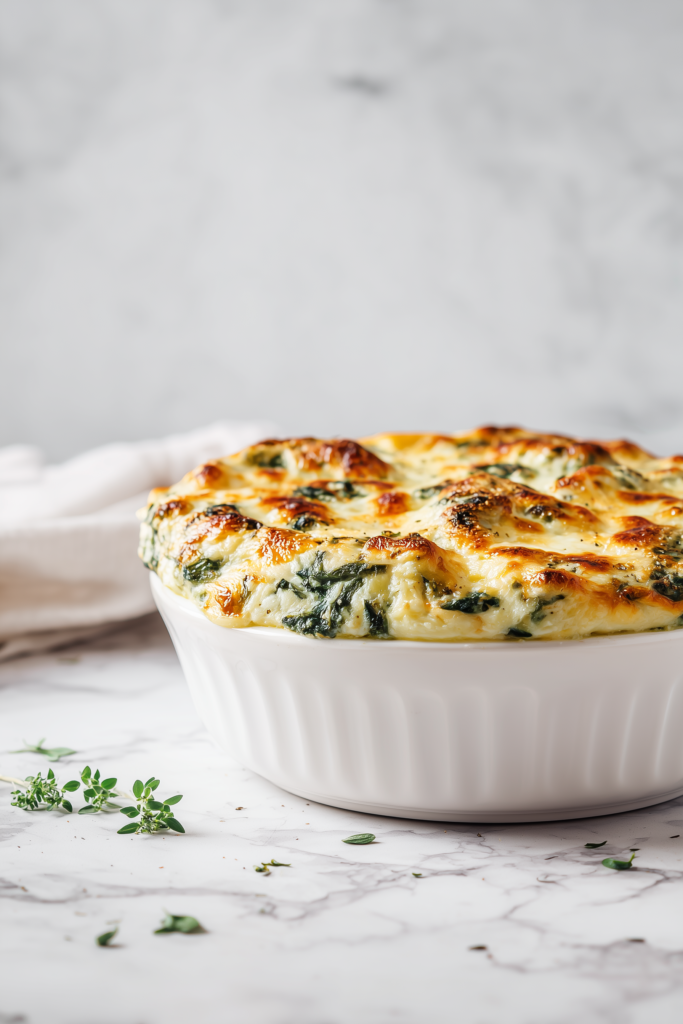 Spinach Ricotta Bake Recipe in a white dish, with a golden cheesy crust and creamy spinach filling.
