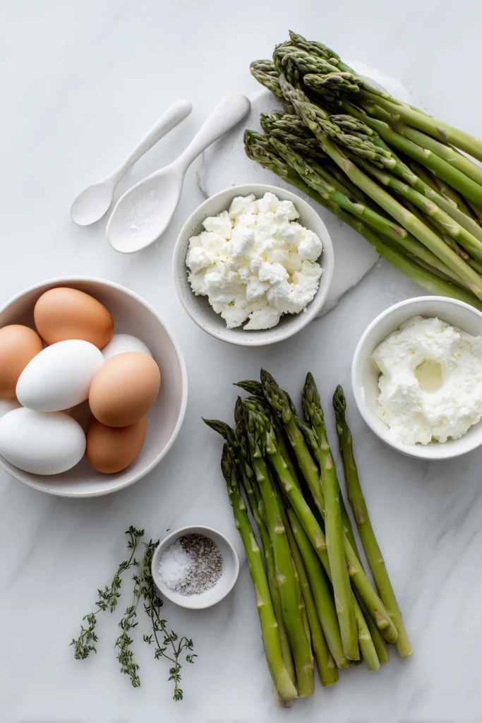 Overhead shot of asparagus, eggs, cottage cheese, feta, and herbs artfully arranged on a white marble background for Crustless Asparagus Quiche Recipe.