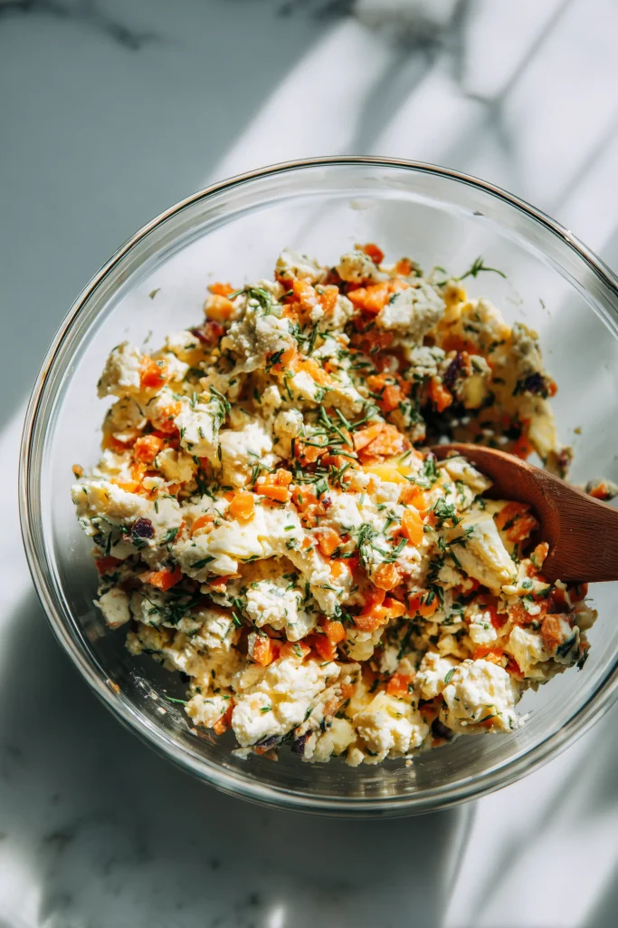 Ultimate High-Protein Veggie Bake with Cottage Cheese 3 Ultimate High-Protein Veggie Bake with Cottage Cheese filling being assembled and mixed in a bowl.