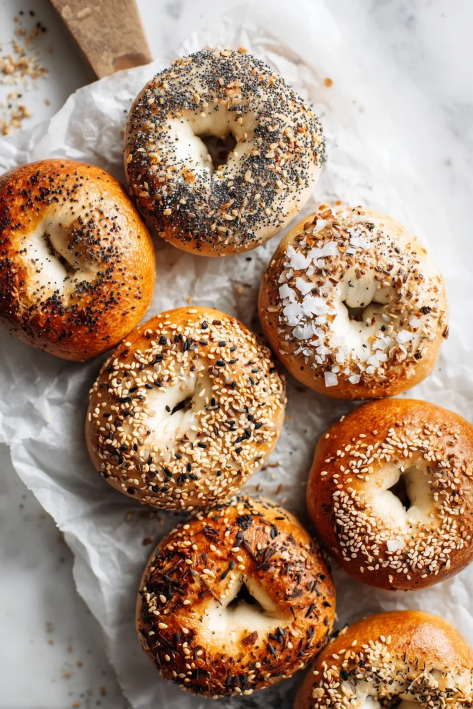 New York Style Bagels displayed with sesame, poppy seed, everything, and salt toppings on white parchment.
