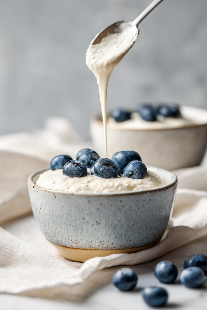 Baked Blueberry Cottage Cheese Bowls 3 Creamy batter for Baked Blueberry Cottage Cheese Bowls in small bowls with blueberries sprinkled on top, shot in soft daylight.