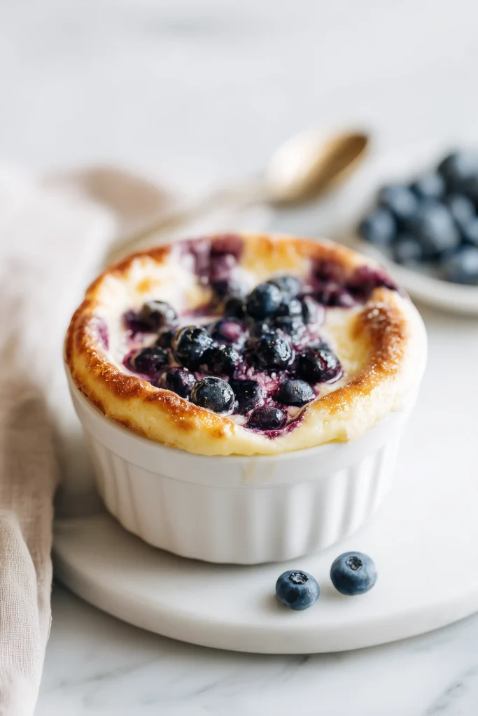 Baked Blueberry Cottage Cheese Bowls 1 A bowl filled with golden-edged, creamy Baked Blueberry Cottage Cheese Bowls topped with blueberries, shot in bright natural lighting.