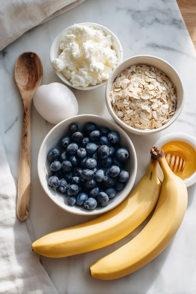 Baked Blueberry Cottage Cheese Bowls 2 Ingredients for Baked Blueberry Cottage Cheese Bowls, including blueberries, cottage cheese, oats, and banana, arranged on light marble.