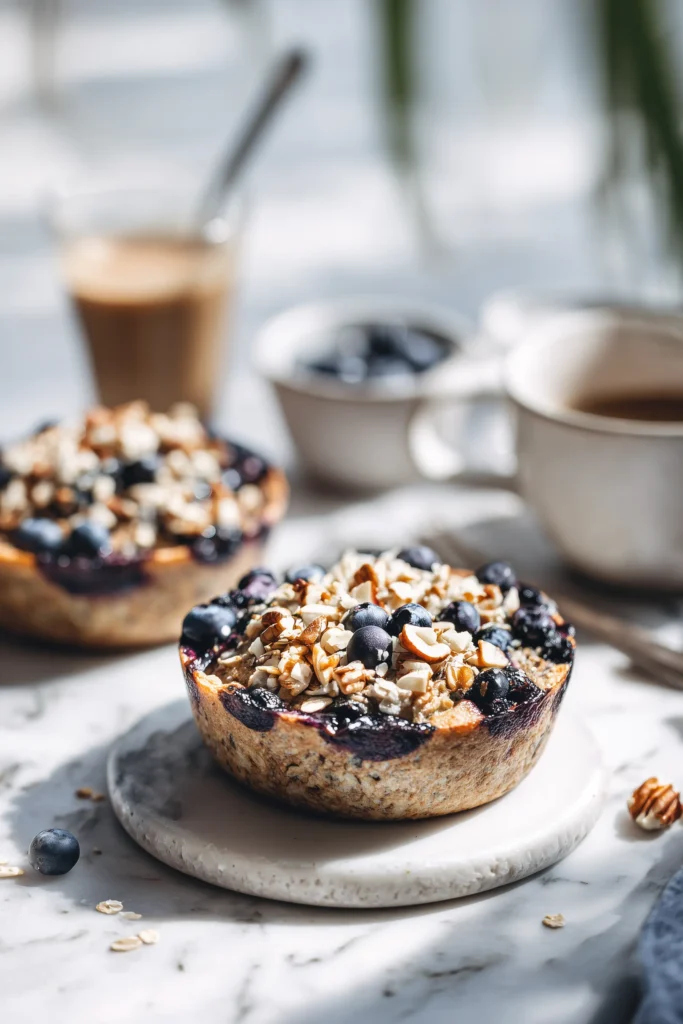 Baked Blueberry Cottage Cheese Bowls 4 Warm Baked Blueberry Cottage Cheese Bowls with golden tops and blueberry bursts, served with nuts and oats, on a light background.