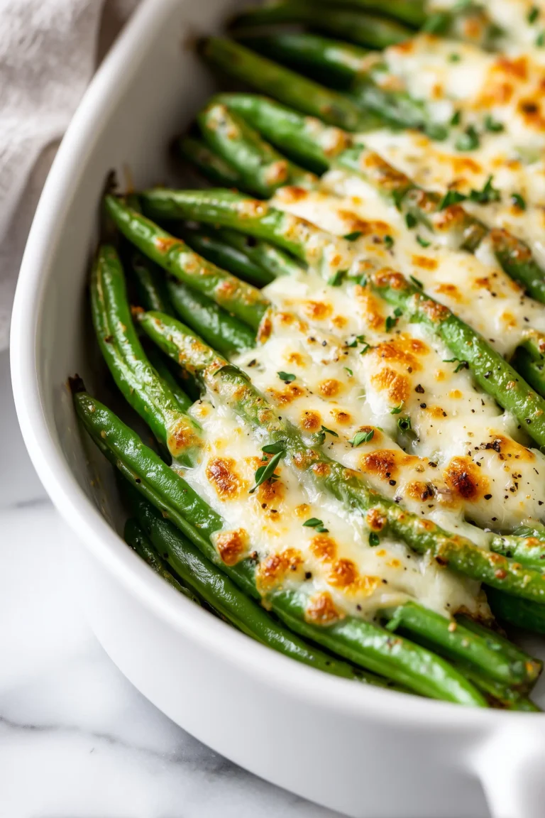 Roasted Baked Garlic Parmesan Green Beans topped with golden cheese and parsley in a white dish.