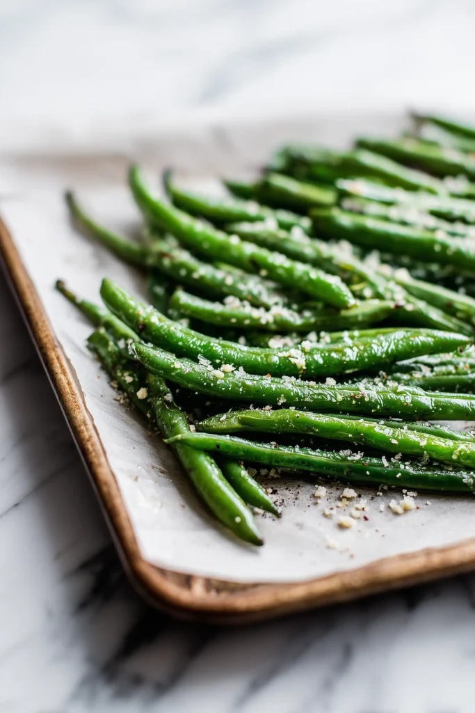 Baked Garlic Parmesan Green Beans 3 Green beans topped with garlic and cheese on a baking sheet for Baked Garlic Parmesan Green Beans.