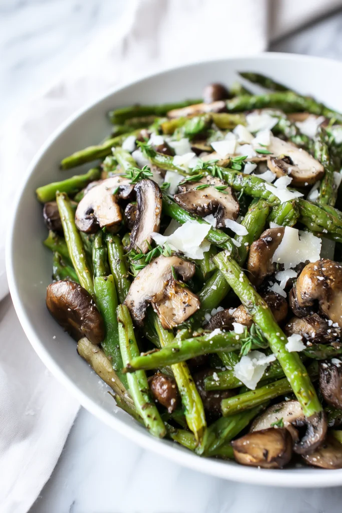 Baked Garlic Parmesan Green Beans 4 Baked Garlic Parmesan Green Beans mingled with mushrooms and asparagus plus fresh herbs for a colorful variation.