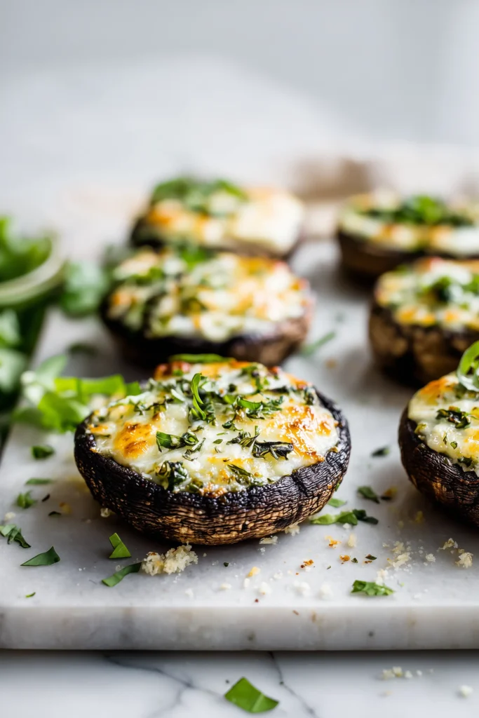 Baked Portobello Mushrooms roasted with cheesy golden tops and fresh herbs on a marble background.