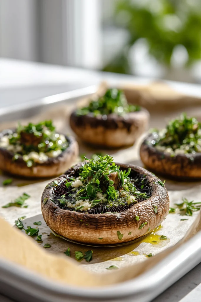 Portobello mushroom caps being brushed with olive oil and herbs before baking.