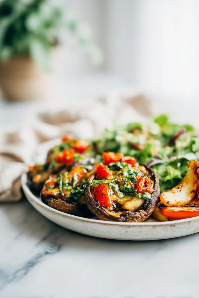 A plate of Baked Portobello Mushrooms served with salad and roasted vegetables.