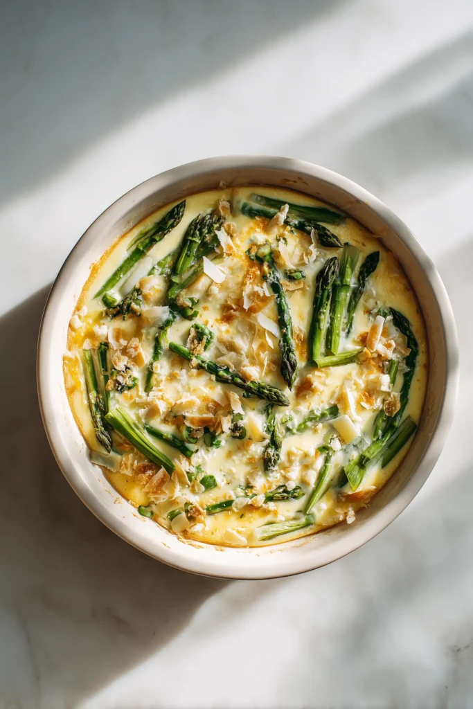Pie dish with creamy egg mixture, asparagus pieces, and cheese layered, prepared for baking Crustless Asparagus Quiche Recipe.