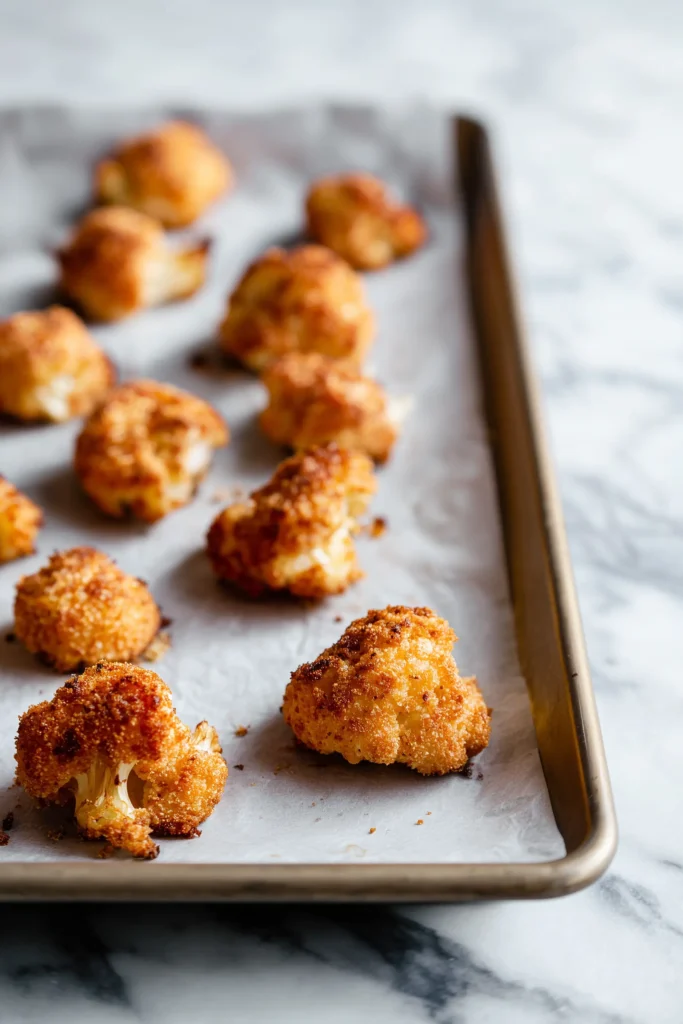 Baking sheet with uncooked, breaded Crispy Parmesan Cauliflower Bites on parchment paper.