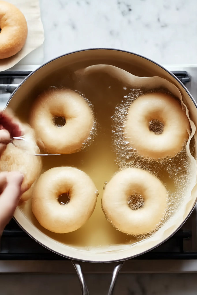 New York Style Bagels simmering in a pot of boiling water, developing a signature shiny crust.