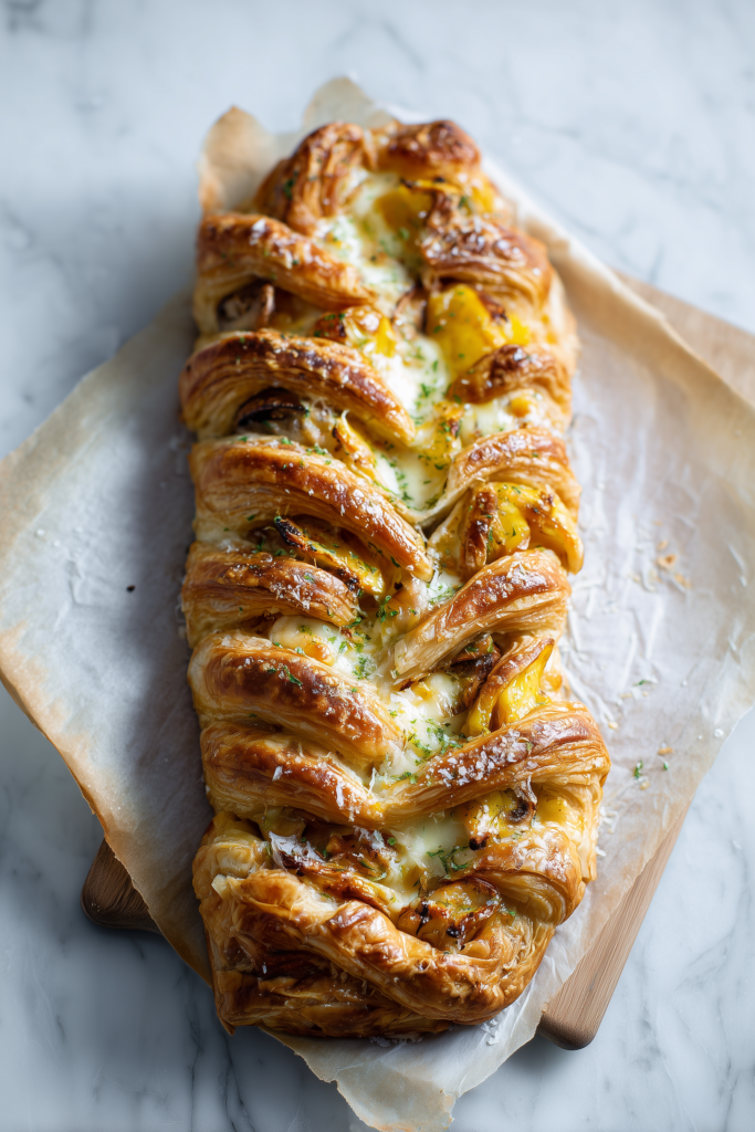 Puff pastry being braided around a Savory Mushroom & Gruyère Puff Pastry Braid Recipe filling on marble.