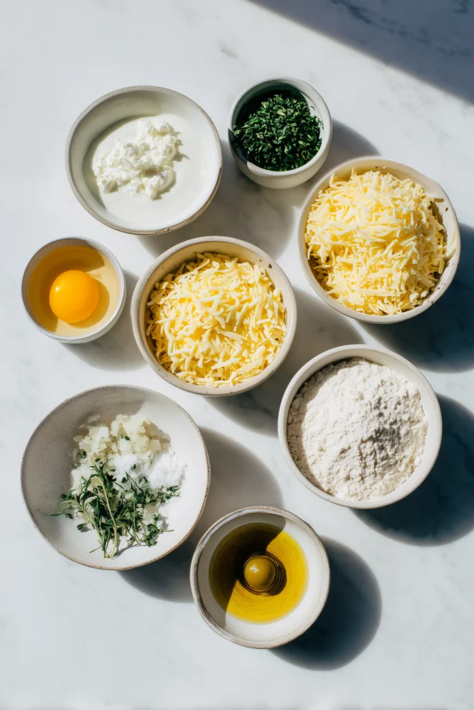 Cheese & Olive Quick Bread 2 Bowls of cheese, olives, flour, and other ingredients for Cheese & Olive Quick Bread on a white background.