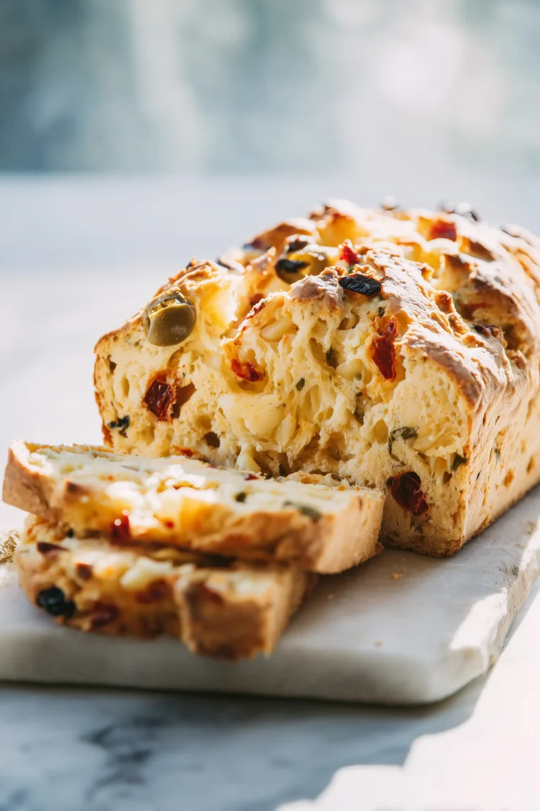 Sliced Cheese & Olive Quick Bread on a marble board, showing golden crust and cheesy olive crumb.