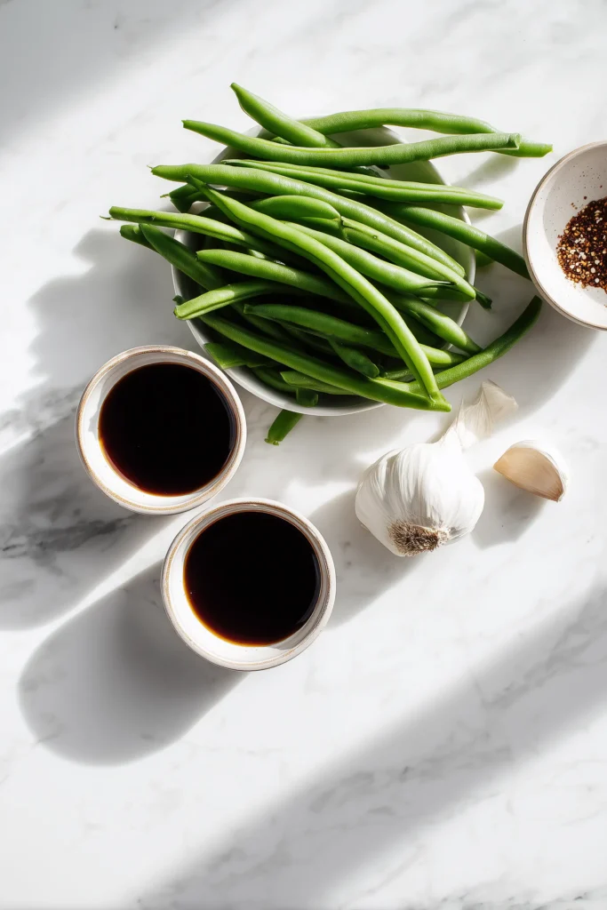 All key ingredients for Chinese Green Beans With Garlic Sauce arranged on a marble background.