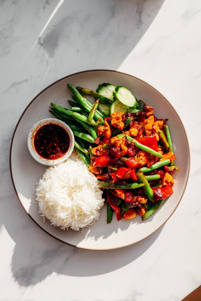 Chinese Green Beans With Garlic Sauce served with rice and noodles in a bright, inviting meal setting.
