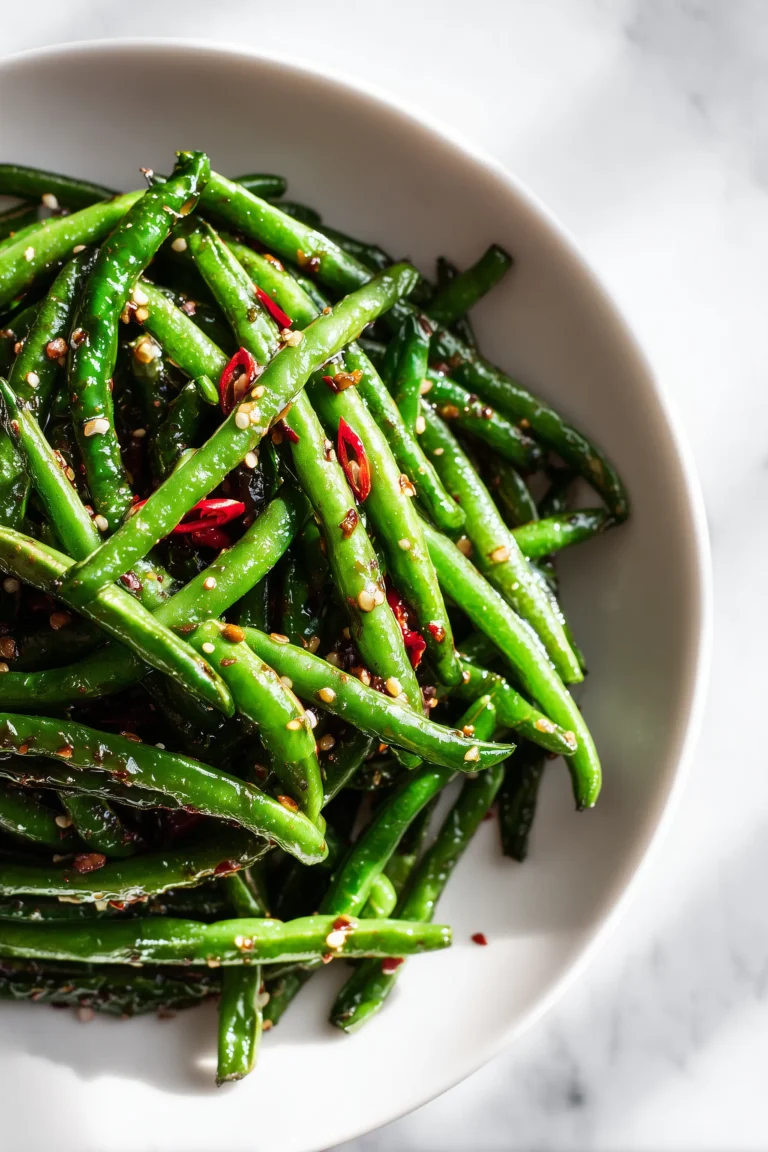 A bright close-up of Chinese Green Beans With Garlic Sauce plated with a vibrant glossy finish and scattered red pepper.