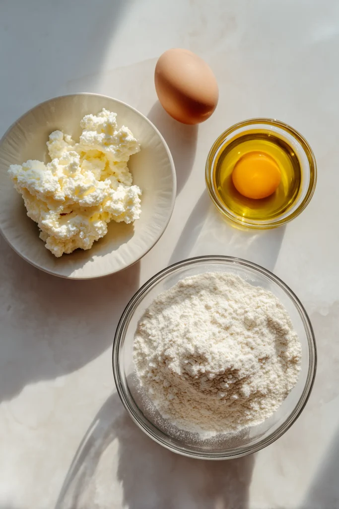 Individual ingredients for Cottage Cheese Flatbread artfully arranged on bright marble in small bowls.