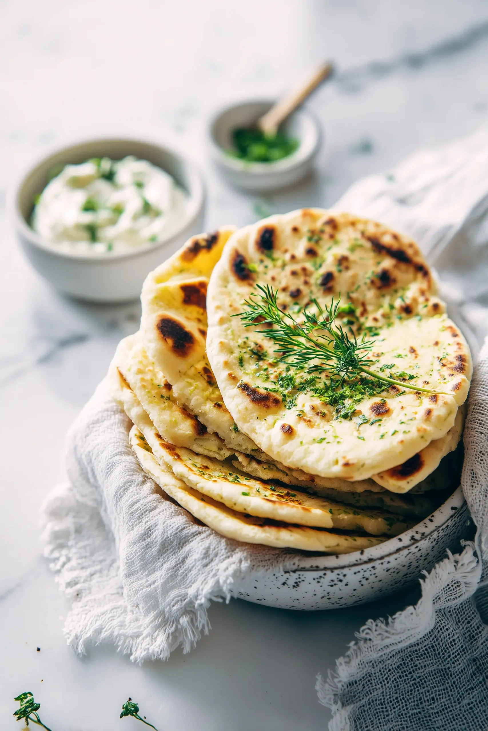 Wedges of Cottage Cheese Flatbread with whipped creamy spread and fresh herbs, served on bright marble.
