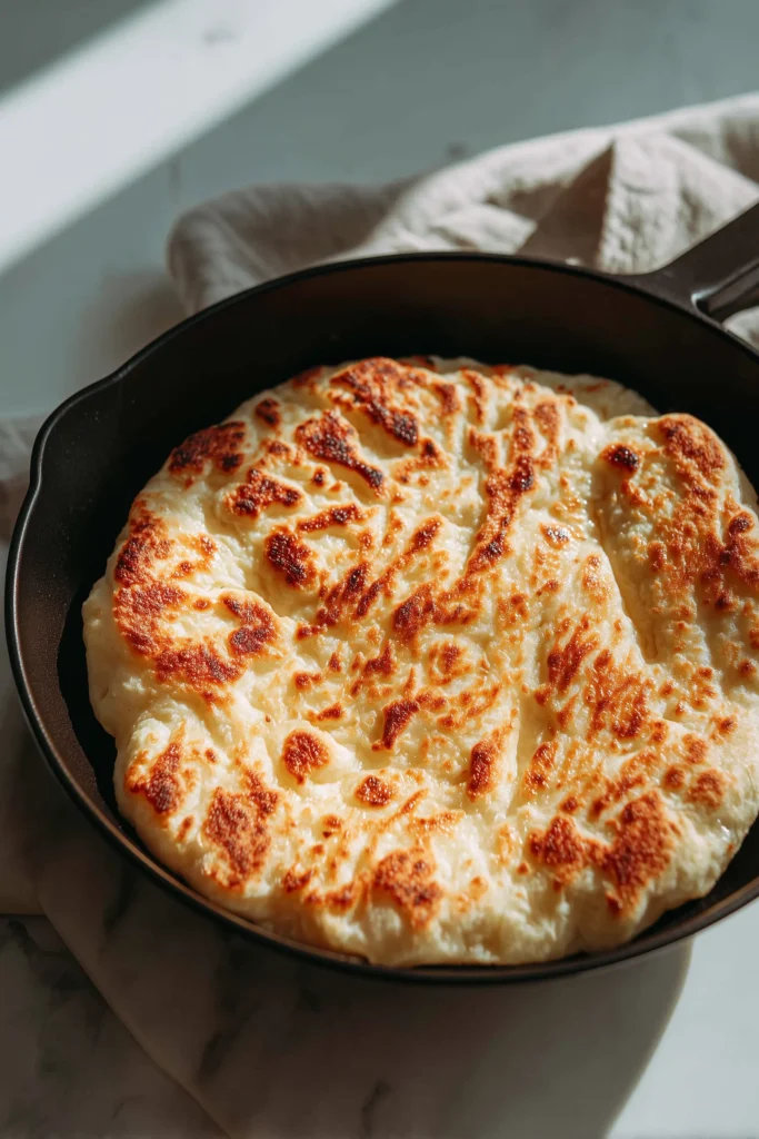A Cottage Cheese Flatbread cooks in a skillet, showing golden crisp edges and a pillowy center.