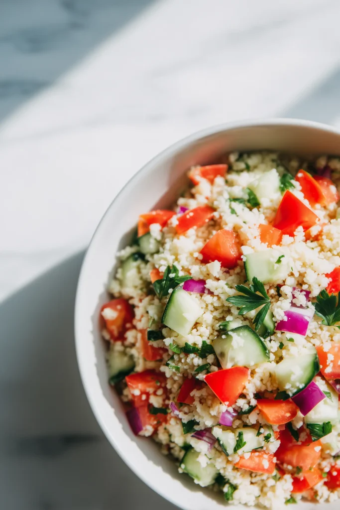 Couscous and Mediterranean salad for Turkey Mediterranean Meatballs Bowl in a bright bowl.