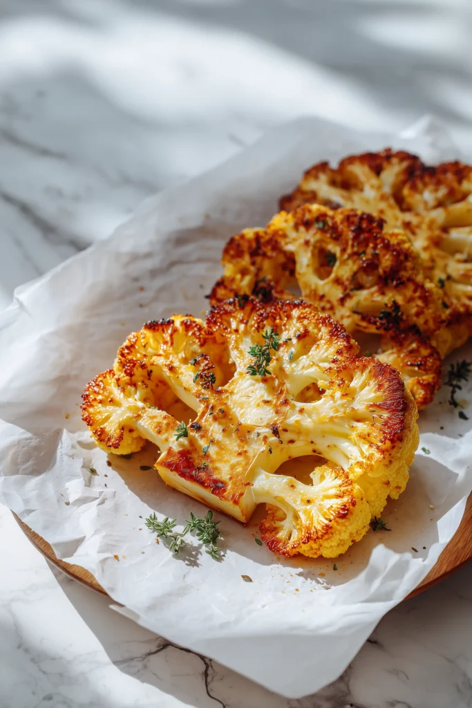 Crispy Baked Cauliflower Steaks arranged on a baking sheet, showcasing golden crispy edges and tender centers.
