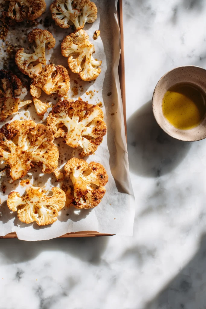Cauliflower steaks brushed with spiced oil, arranged on a baking sheet, ready for roasting for Crispy Baked Cauliflower Steaks.