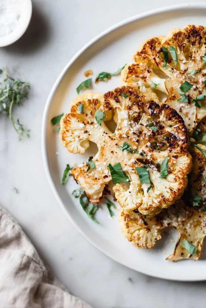 Plated Crispy Baked Cauliflower Steaks with golden crispy edges and fresh herb garnish on a white dish.