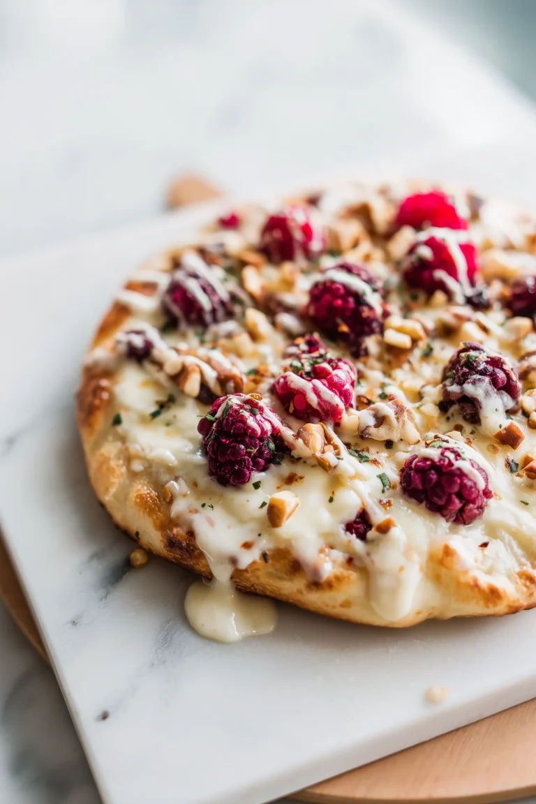 Crispy Flatbread with Brie Cranberries and Toasted Walnuts with a Hot Honey Drizzle on a marble surface, showing golden crust and melty toppings.
