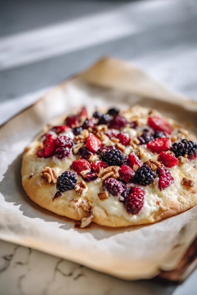 Crispy Flatbread with Brie Cranberries and Toasted Walnuts with a Hot Honey Drizzle baking in the oven, cheese melting and edges crisp.