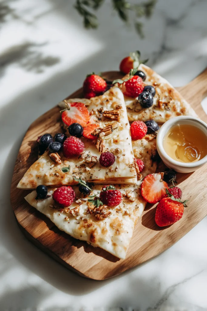Sliced Crispy Flatbread with Brie Cranberries and Toasted Walnuts with a Hot Honey Drizzle arranged on a board, garnished, and ready to serve.