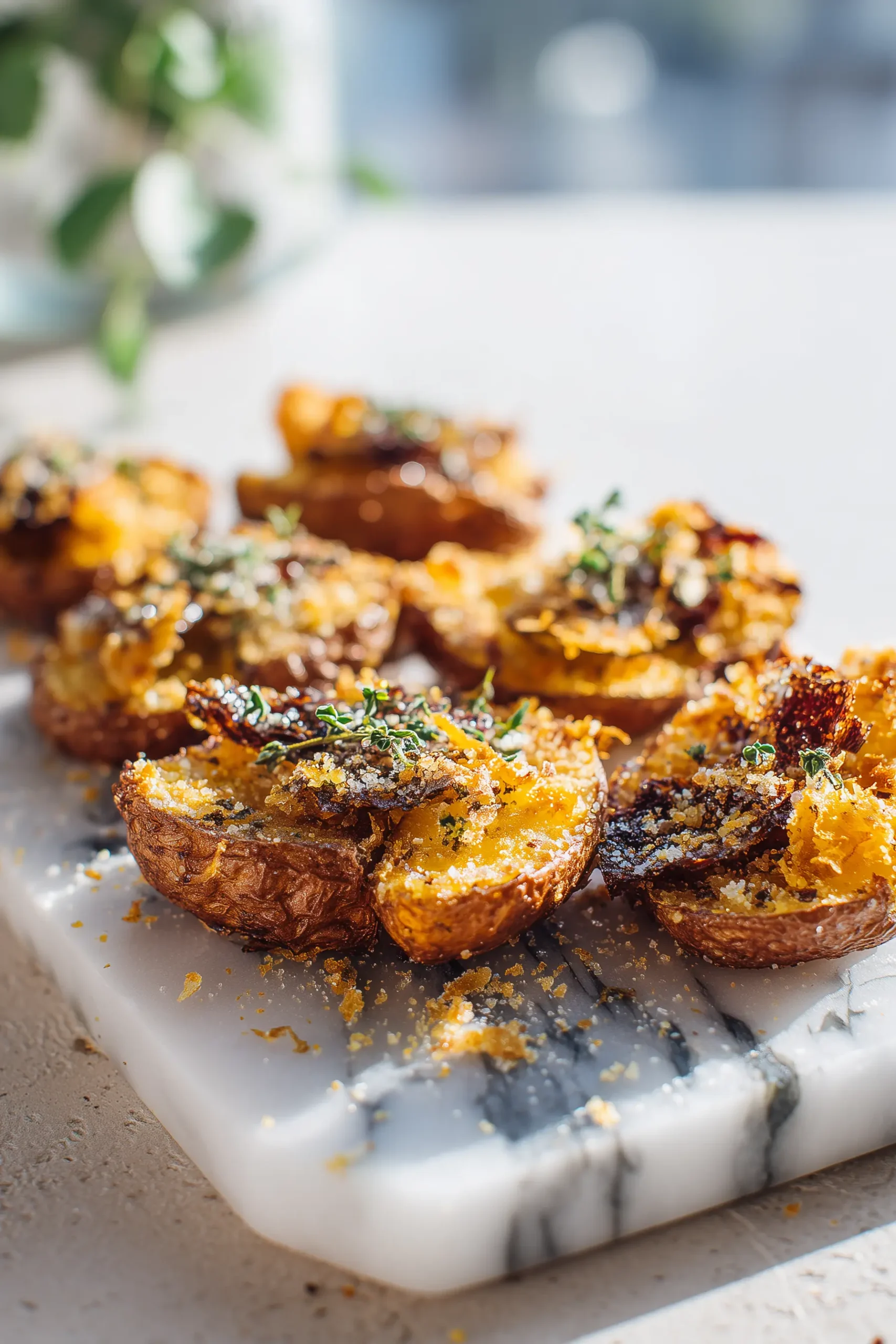 Golden Crispy Crunchy Parmesan Potatoes with a cheese crust arranged on white marble, highlighting their crispy texture.
