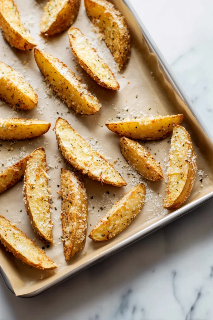 Wedges of Crispy Crunchy Parmesan Potatoes with cheese and spices placed on a parchment-lined baking tray, ready to roast.